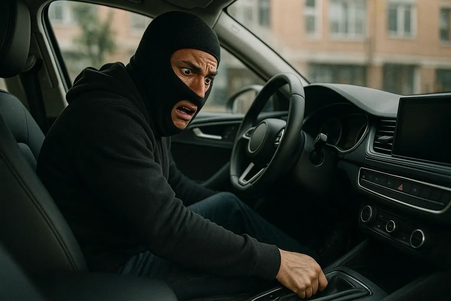 Person inside a vehicle surprised by a security system